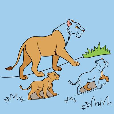 Ausgemalte Version: Löwin mit zwei Löwenjungen