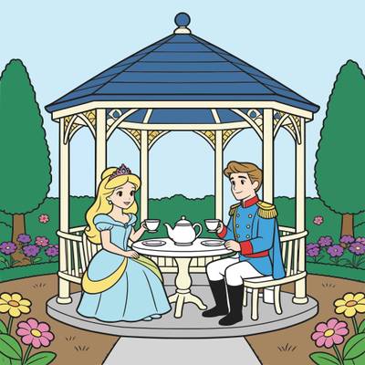 Colored version: Princess and prince tea in a gazebo