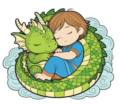 Version coloriée : Enfant blotti contre un bébé dragon