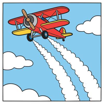 Ausgemalte Version: Doppeldecker mit Rauchspuren und Wolken