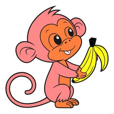 Colored version: Big-head monkey with banana