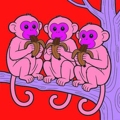 Ausgemalte Version: Drei Affen mit Bananen im Baum