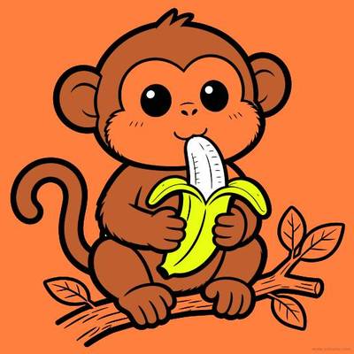 Colored version: Kawaii monkey eating a banana