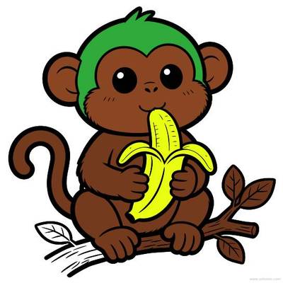 Colored version: Kawaii monkey eating a banana