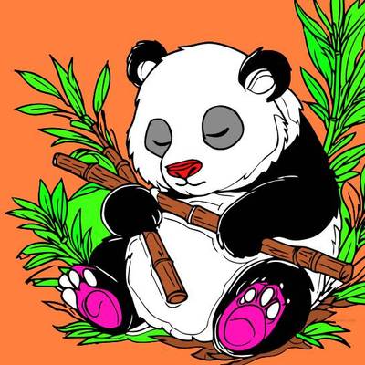 Colored version: Adorable panda with bamboo