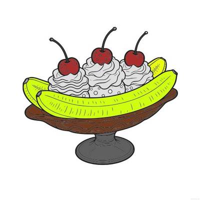 Ausgemalte Version: Detailliertes Bananensplit mit Kirschen