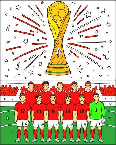 Version coloriée : Équipe de football avec trophée