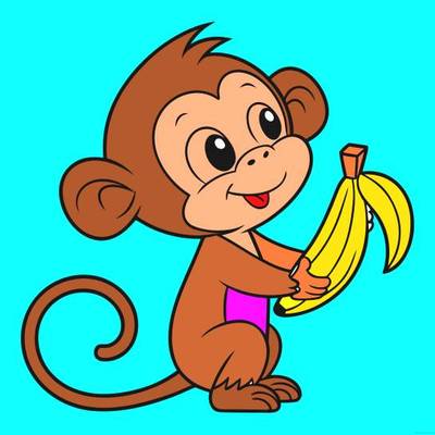 Colored version: Big-head monkey with banana