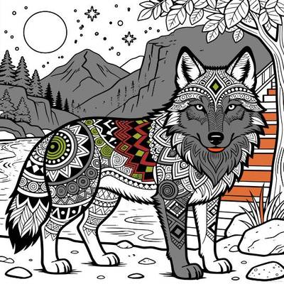 Colored version: Zentangle wolf in a mountain landscape