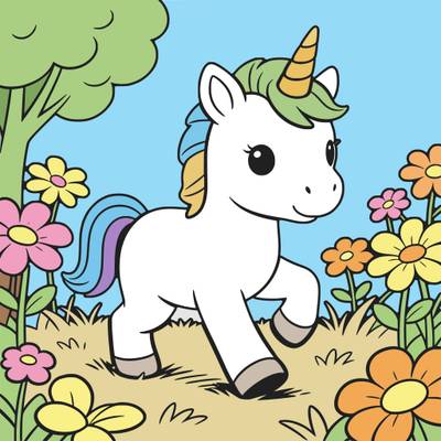 Colored version: Cute baby unicorn in a flower garden