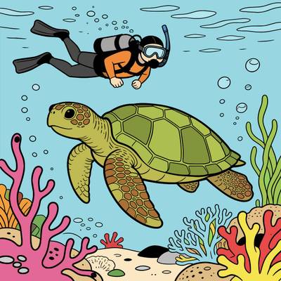 Version coloriée : Tortue de mer et plongeur sous l’eau