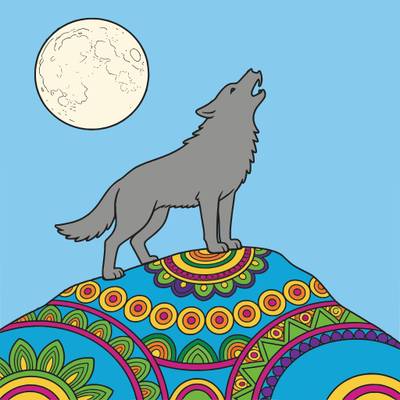 Version coloriée : Loup hurlant sur une colline mandala