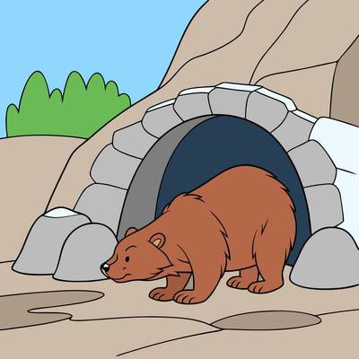 Version coloriée : Ours simple devant une grotte