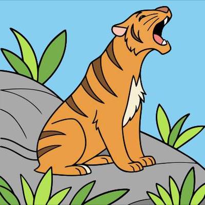 Ausgemalte Version: Brüllender Tiger zwischen Blättern