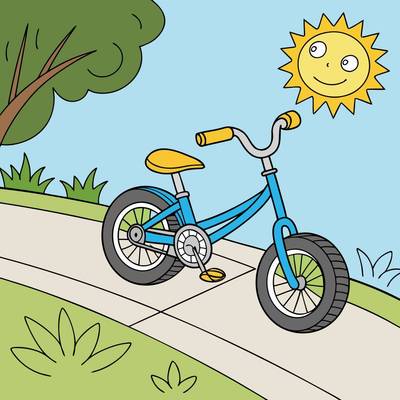 Colored version: Kids bike on a sunny path