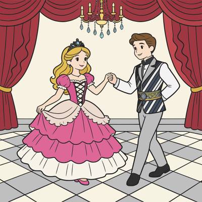 Colored version: Princess and prince dancing at the ball