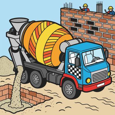 Ausgemalte Version: Detaillierter Fahrmischer bei der Arbeit