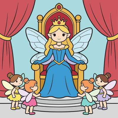 Colored version: Fairy queen on a throne with attendants