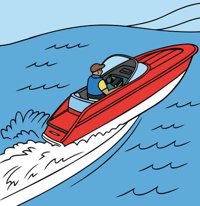 Ausgemalte Version: Rennboot mit Fahrer und Gischtspur