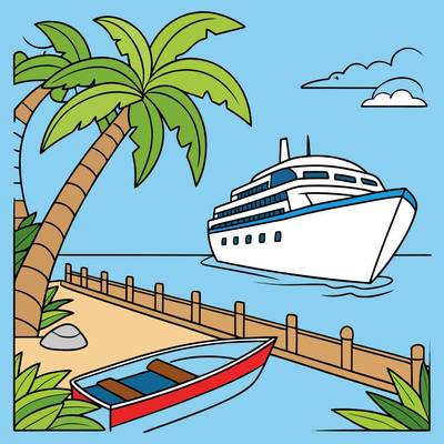 Ausgemalte Version: Kreuzfahrtschiff am tropischen Hafen