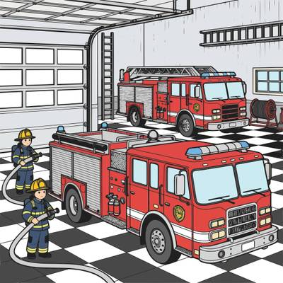 Ausgemalte Version: Detailreiche Feuerwache mit Feuerwehrfahrzeugen