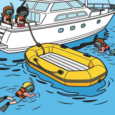 Ausgemalte Version: Yacht mit Schlauchboot und schnorchelnden Kindern