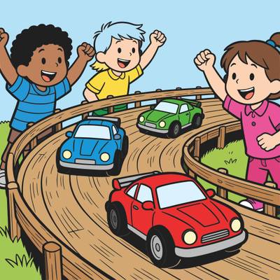 Colored version: Cartoon toy car race with cheering kids
