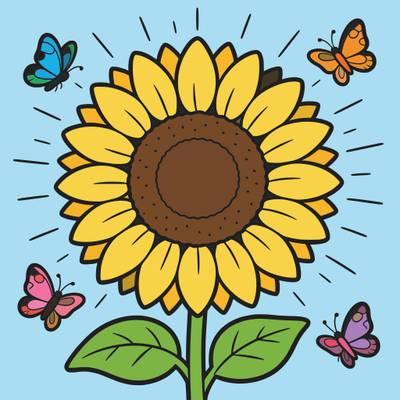 Ausgemalte Version: Sonnenblume bei Sonnenaufgang mit Schmetterlingen