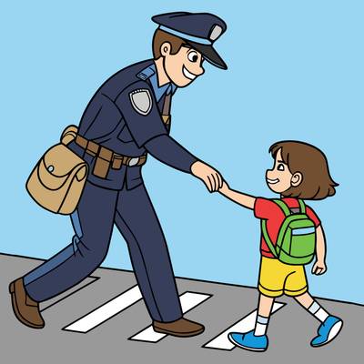Ausgemalte Version: Polizist hilft Kind über den Zebrastreifen