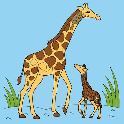 Colored version: Mother giraffe with her calf