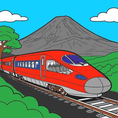 Version coloriée : Train à grande vitesse devant le mont Fuji