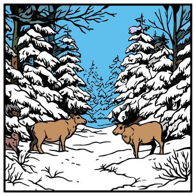 Ausgemalte Version: Rentiere in einem verschneiten Wald