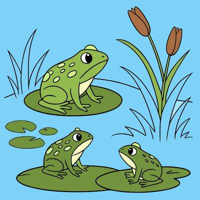 Colored version: Cute frog family by the pond