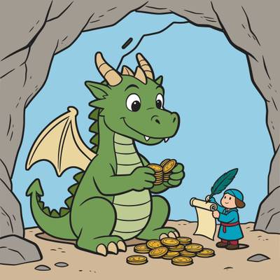 Version coloriée : Dragon qui compte des pièces avec son assistant