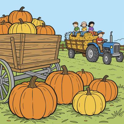 Colored version: Tractor hayride at pumpkin harvest