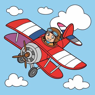 Ausgemalte Version: Lächelnder Pilot im Doppeldecker