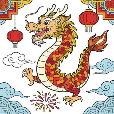 Version coloriée : Dragon chinois avec lanternes