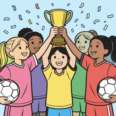 Version coloriée : Équipe de foot féminine avec coupe