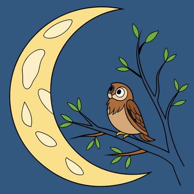 Version coloriée : Hibou sur une branche devant la lune croissante