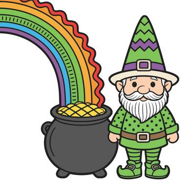 Ausgemalte Version: Leprechaun mit Goldtopf und Regenbogen