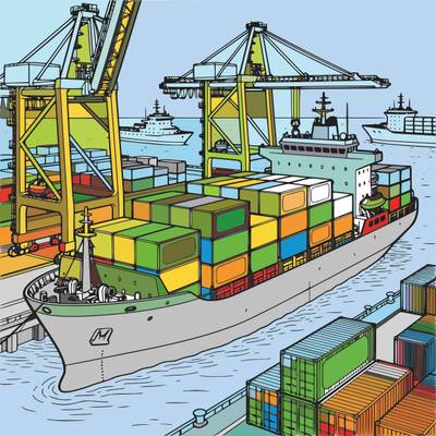 Ausgemalte Version: Detailreiches Containerschiff im Hafen