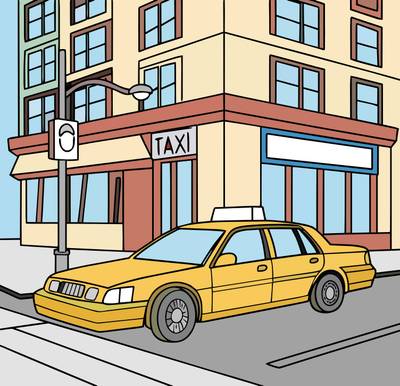Colored version: Taxi by a city corner building