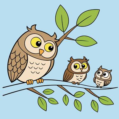 Version coloriée : Famille de chouettes sur une branche