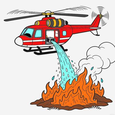 Ausgemalte Version: Feuerwehrhubschrauber über einem Brand