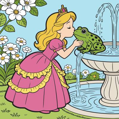Colored version: Cute princess kissing a frog by a fountain