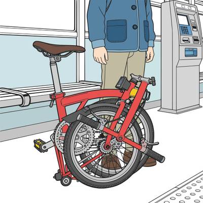 Colored version: Folded bike beside commuter at station