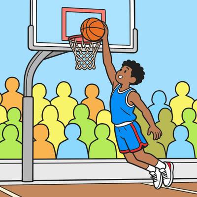 Version coloriée : Basketteur en plein dunk au panier
