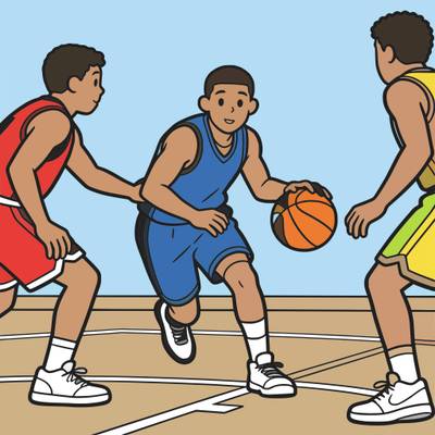 Version coloriée : Basketteur dribblant entre deux défenseurs