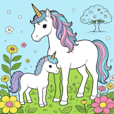 Version coloriée : Licorne et son petit parmi les fleurs