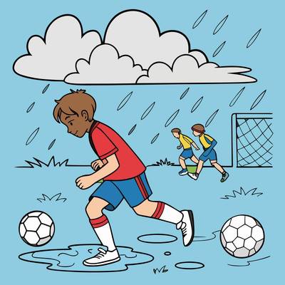 Version coloriée : Match de football sous la pluie